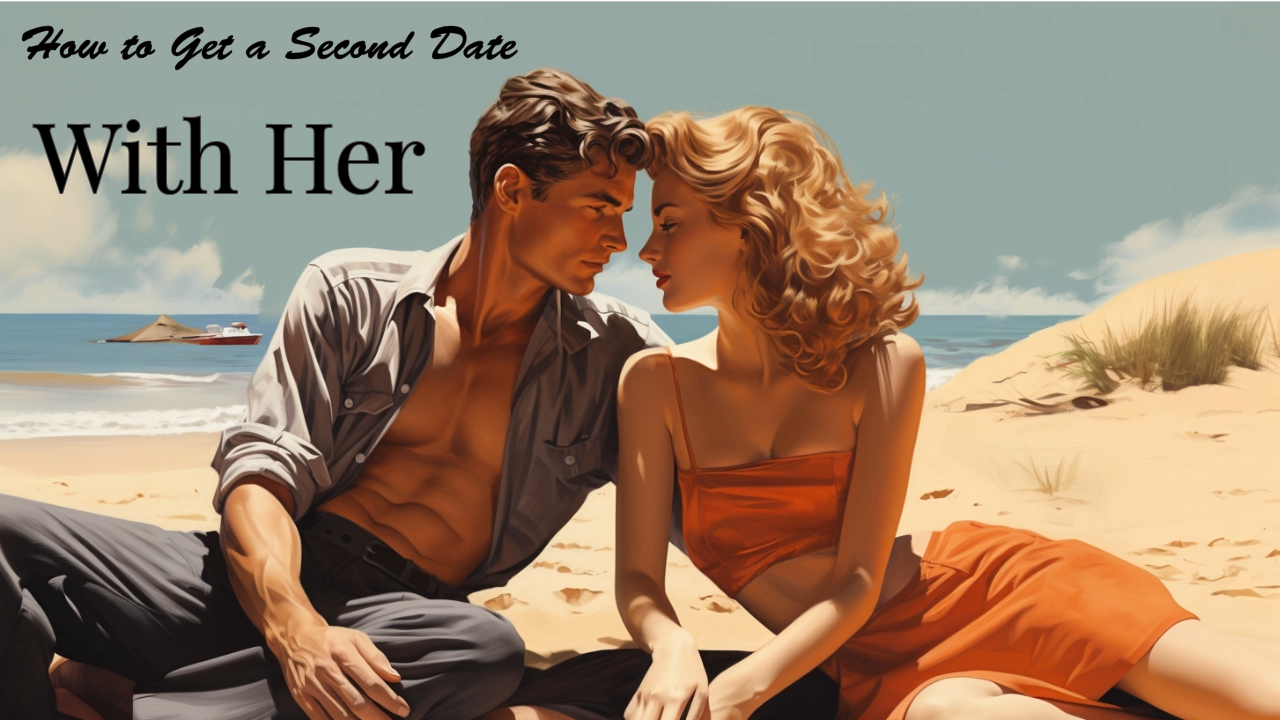 A man and woman on a beach romantically looking into each other's eyes. 1950's art.