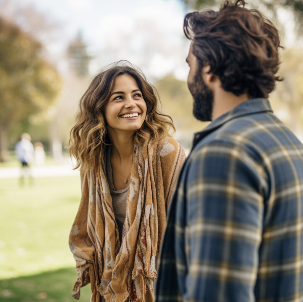 A man talking to a pretty girl at the park
