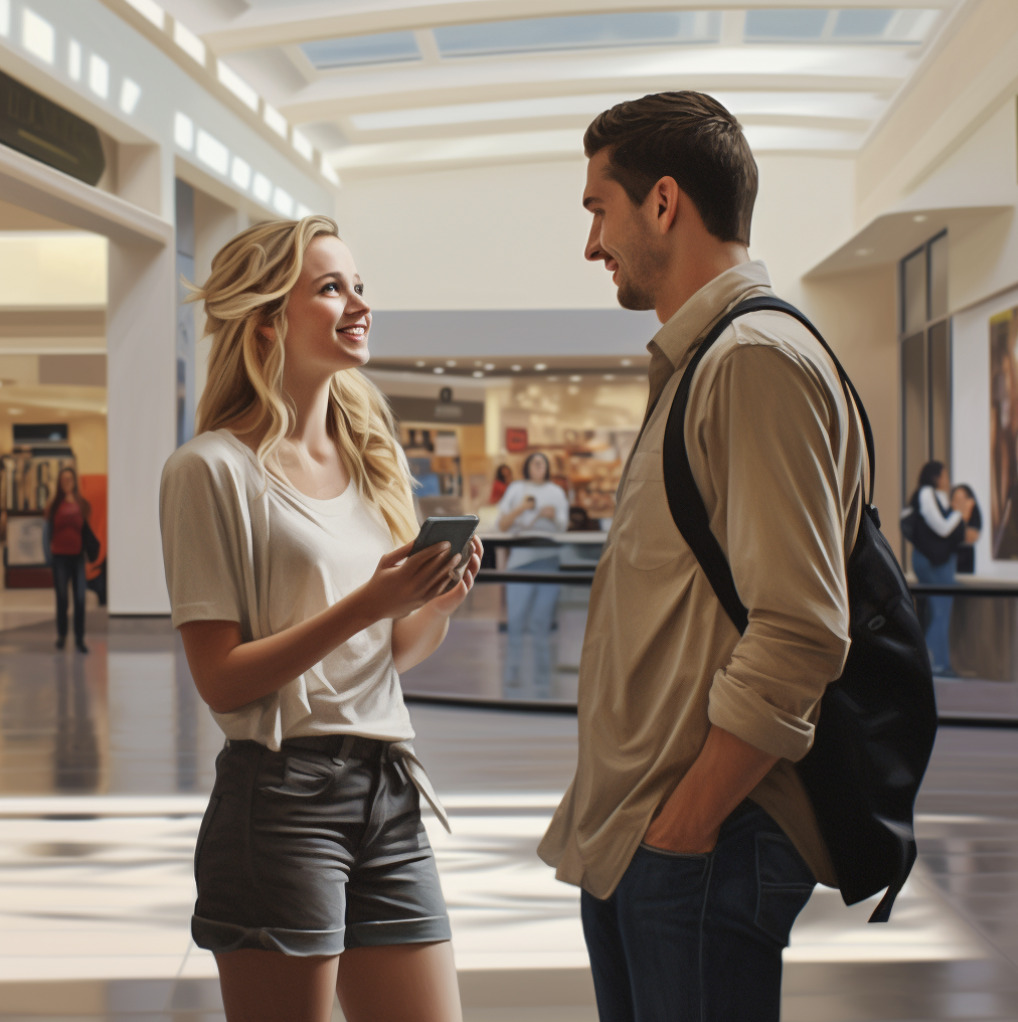 a man talking to a pretty blonde girl at the mall
