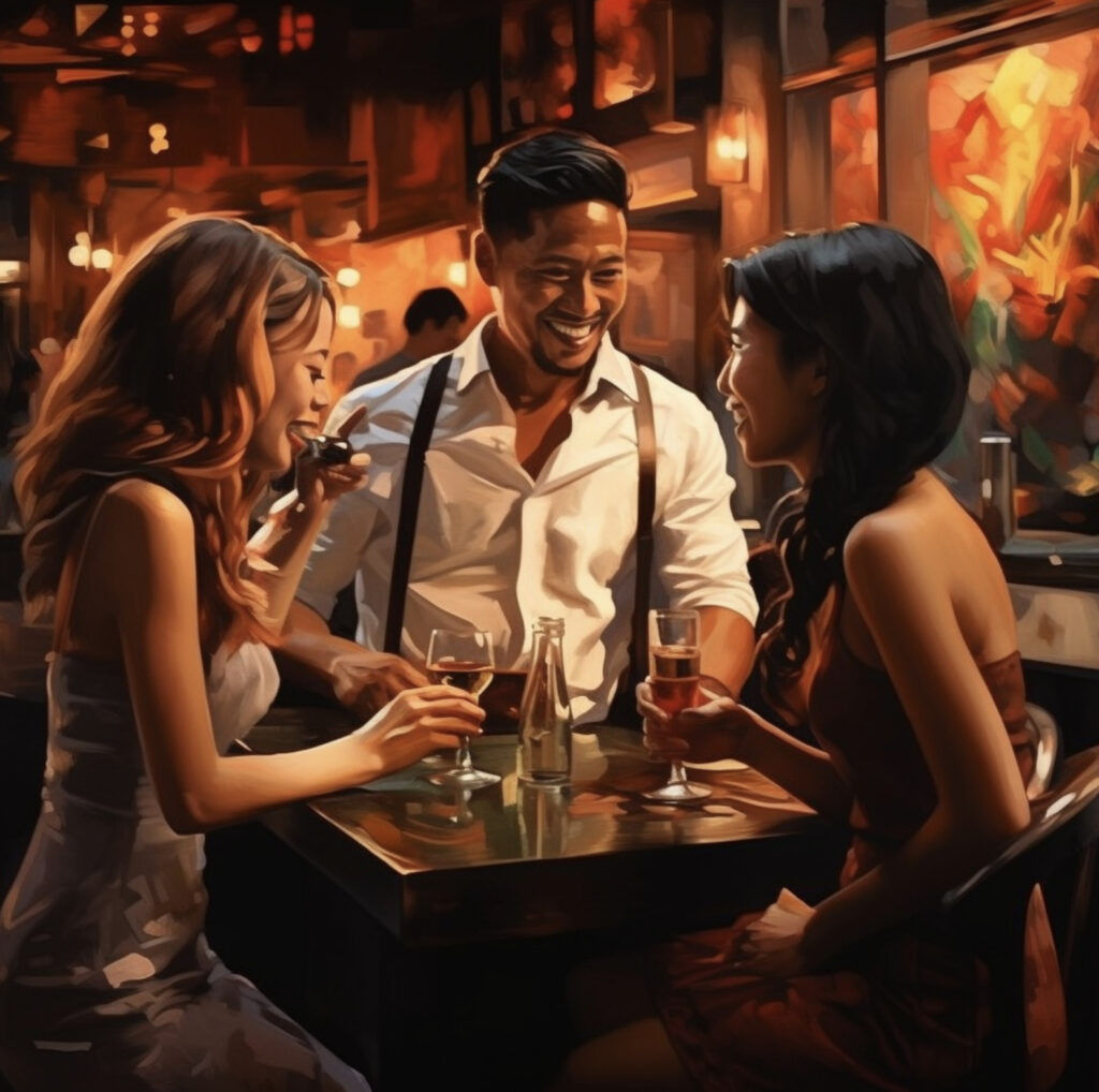 An asian man talking to two women at the bar