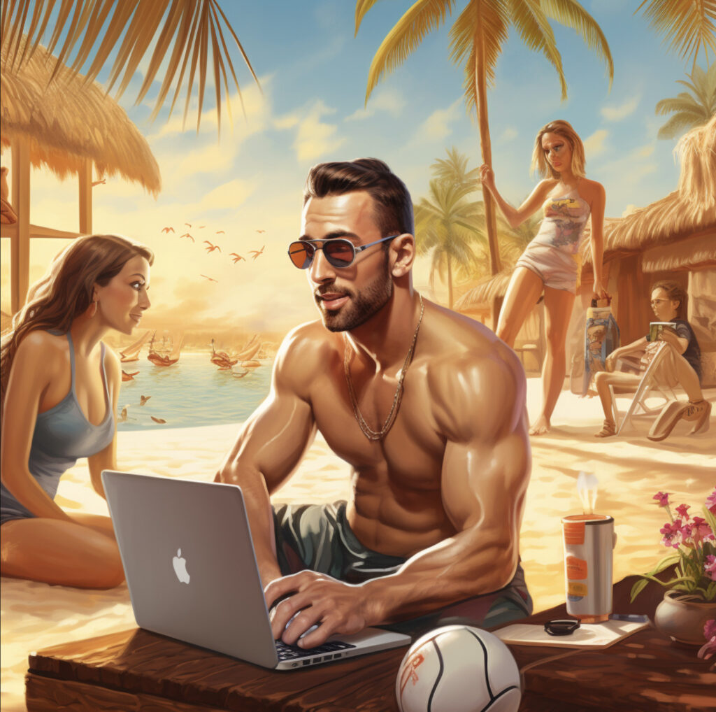 A man working on his laptop at the beach surrounded by pretty women