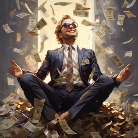 A man sitting on a pile of money