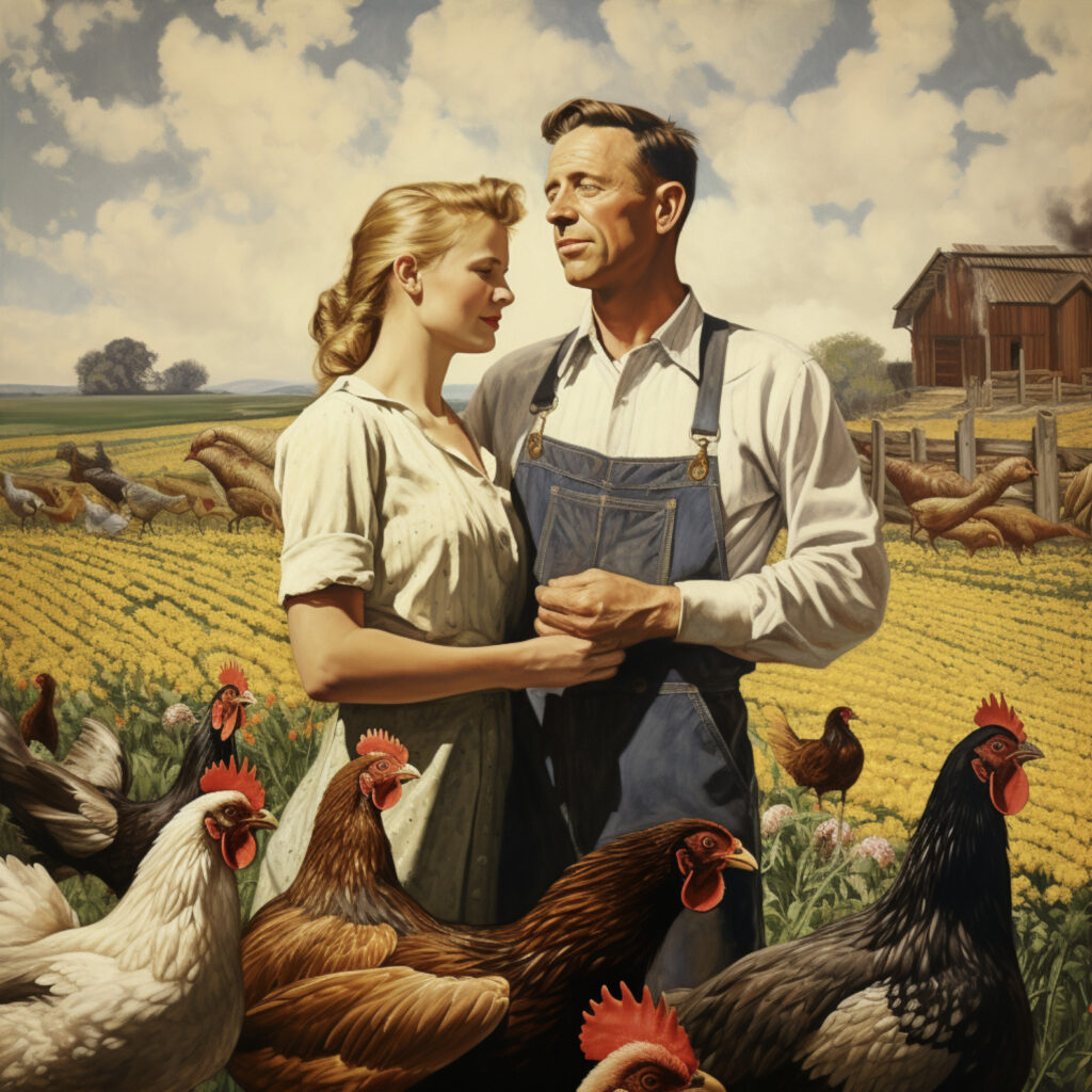  A man on a farm holding his wife close