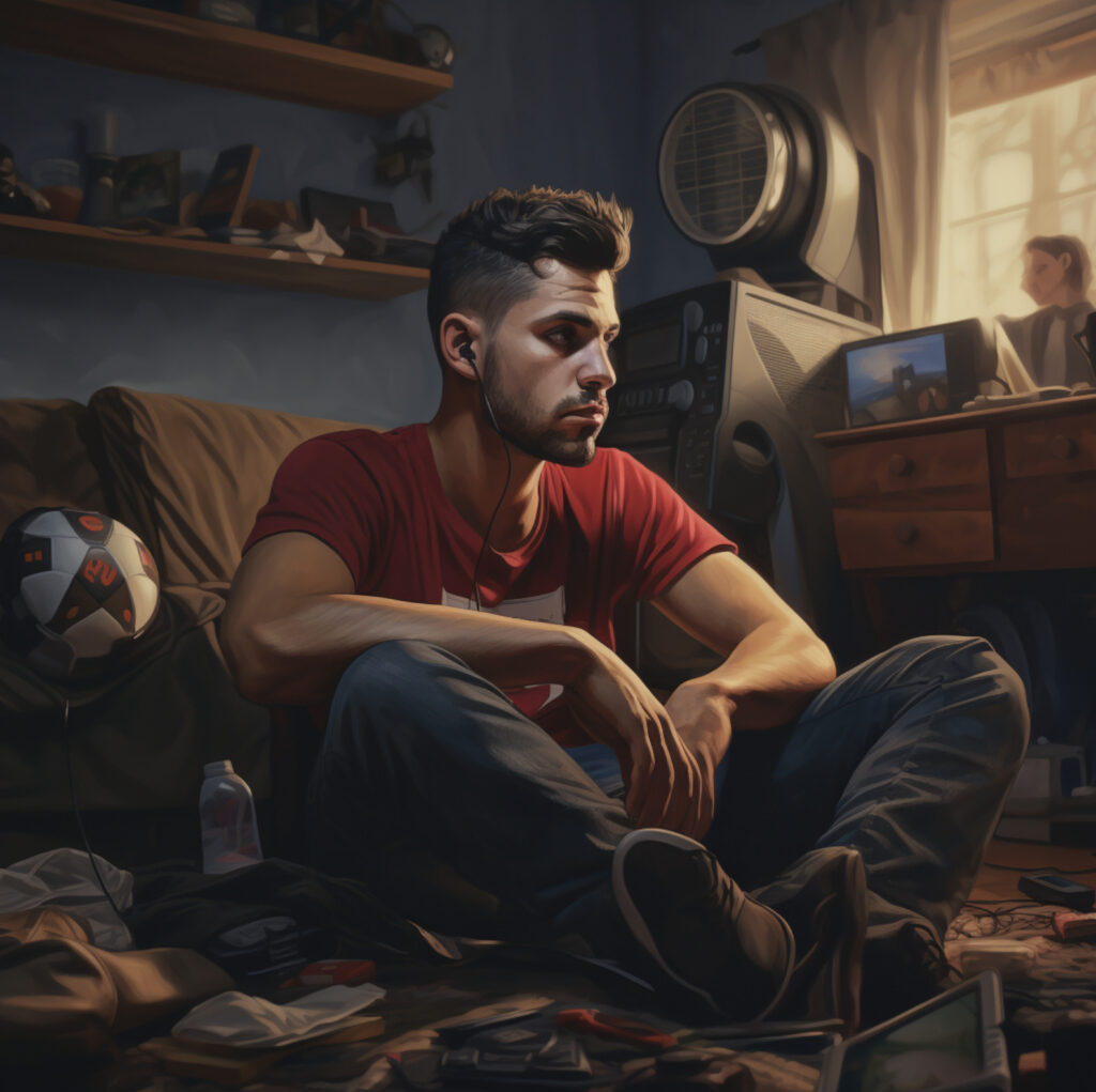 A man sitting in his messy bedroom
