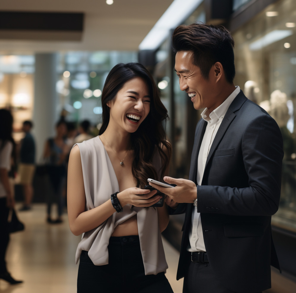 An asian man getting an asian woman's phone number at the mall
