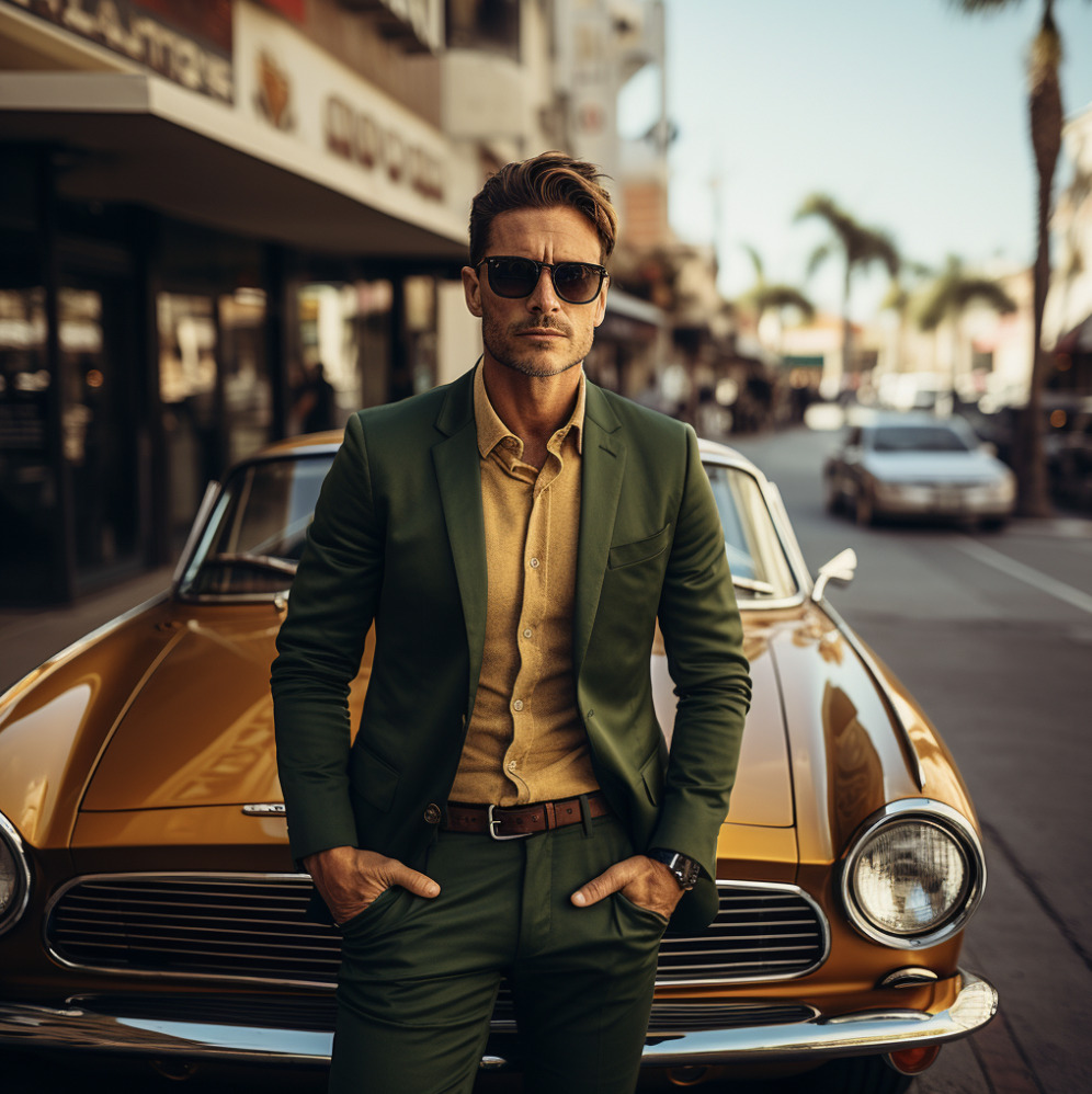 A stylish man in front of a sports car