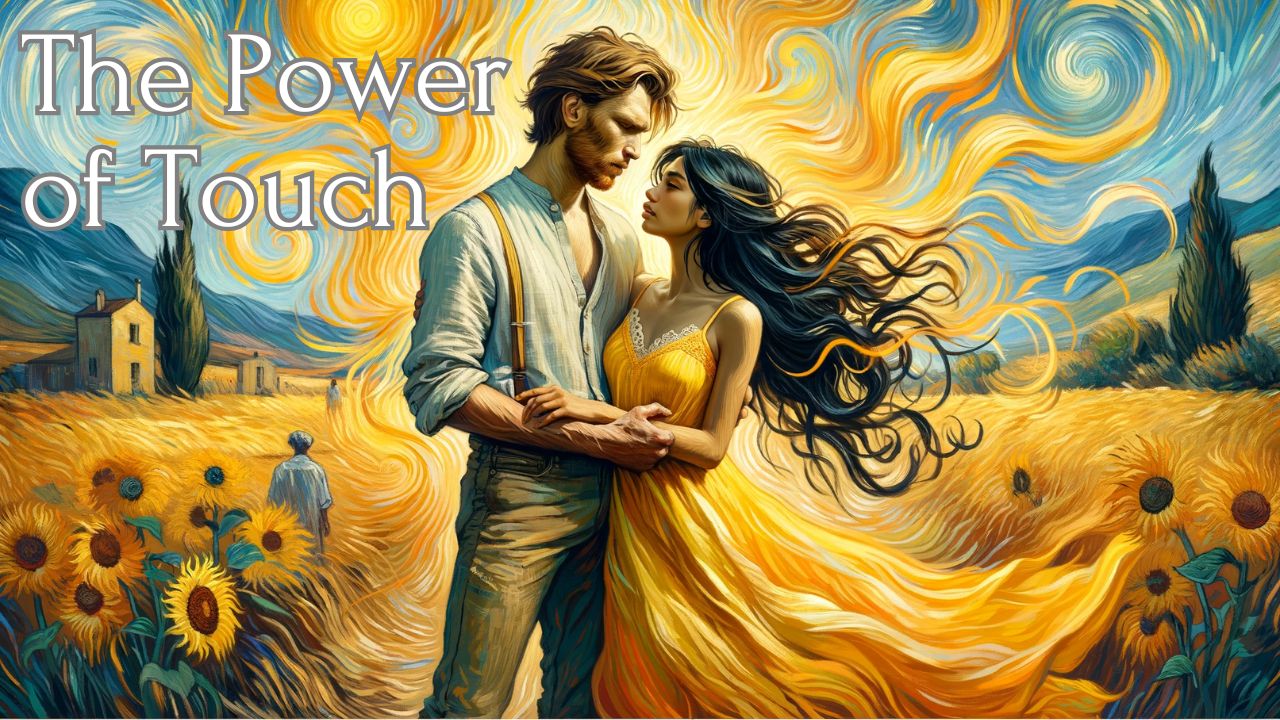 A painting of a man holding a woman close to him with amazing colours of energy