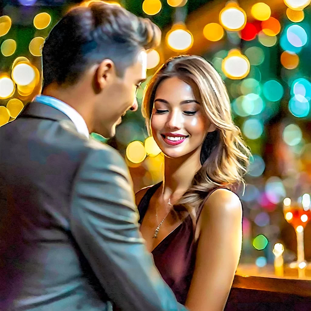 A man talking to a happy woman in a bar