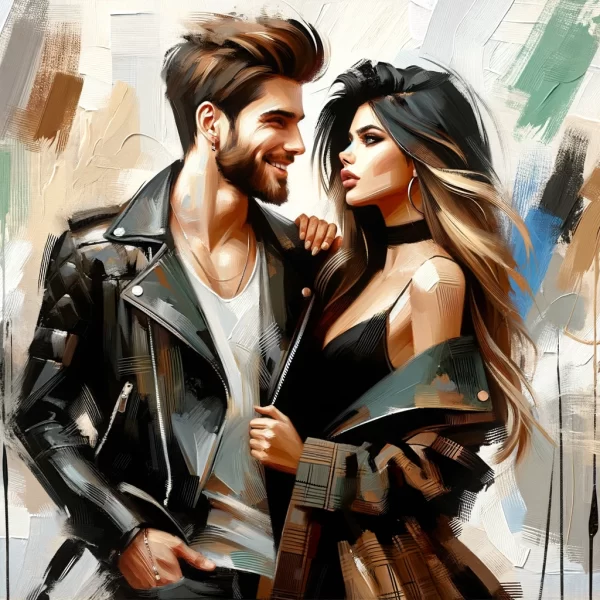 A painting of a man in a leather jacket with his beautiful dark haired girlfriend