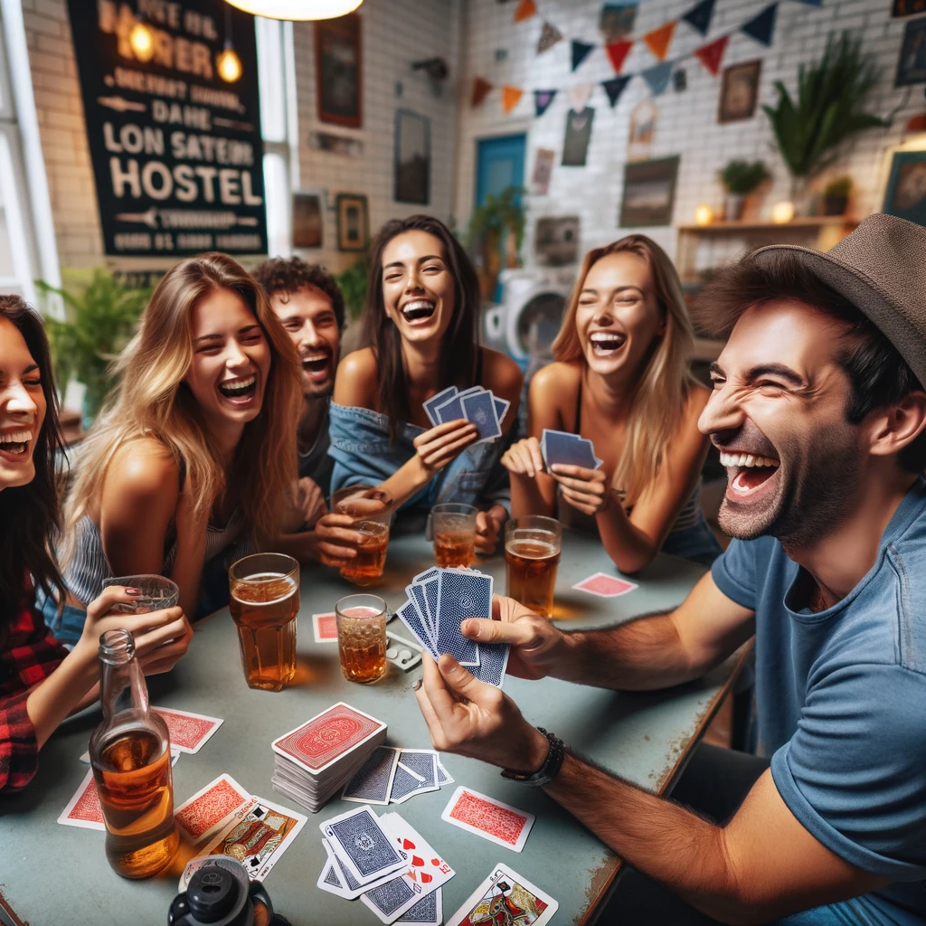 A man playing cards with all the girls in the hostel. They are all laughing. 