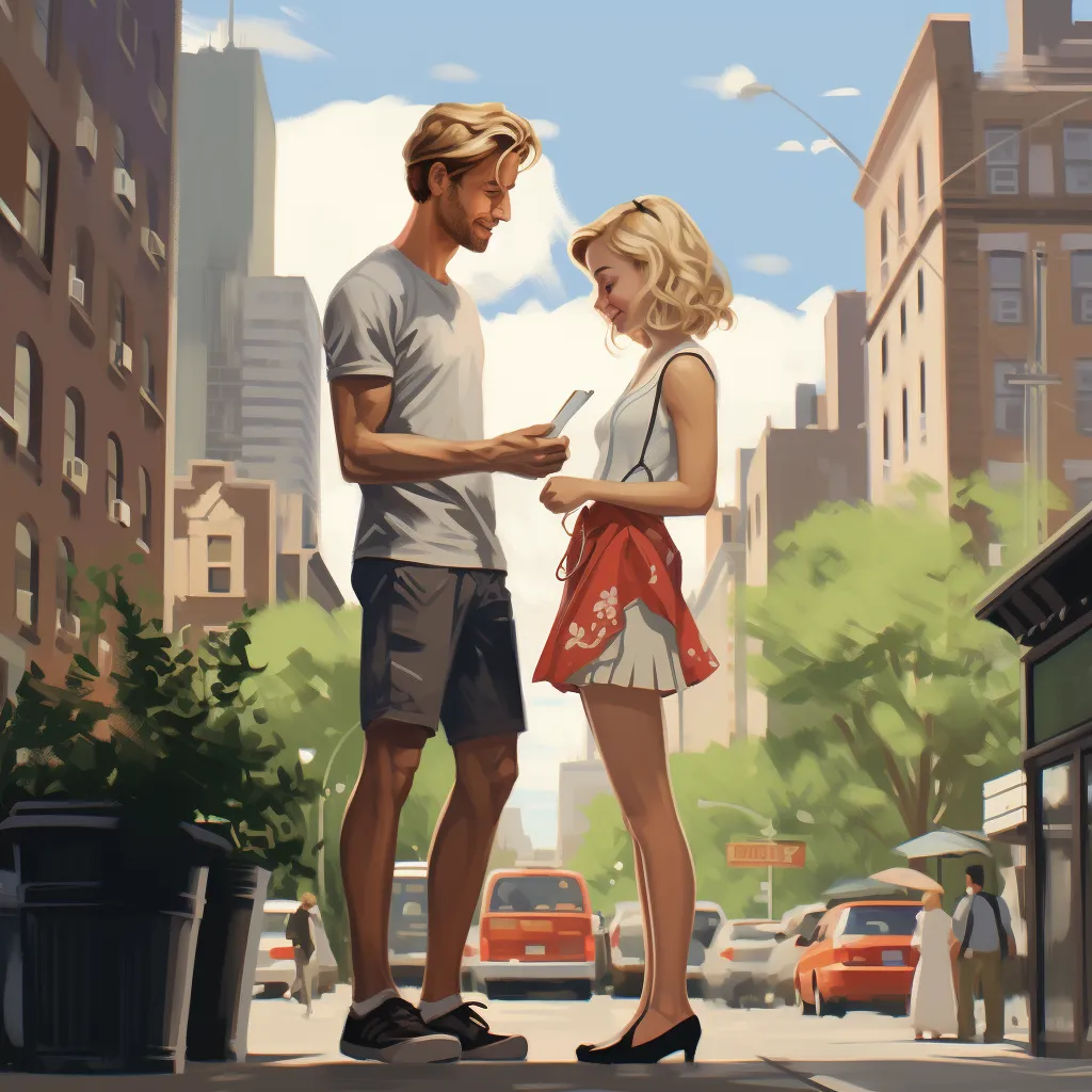 Cartoon drawing of a man getting a young blonde woman's number in New York city