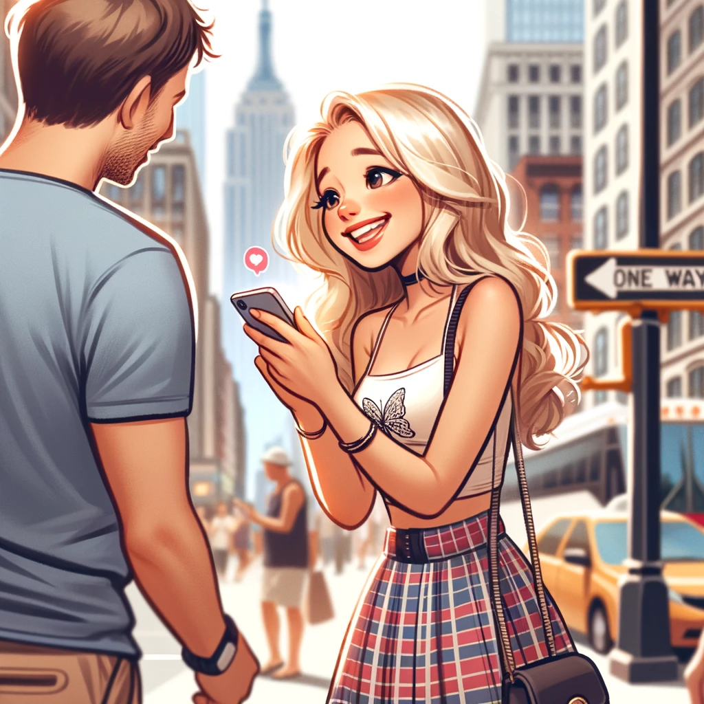 A cartoon drawing of a blonde girl happy to give her phone number to a man on the street. 
