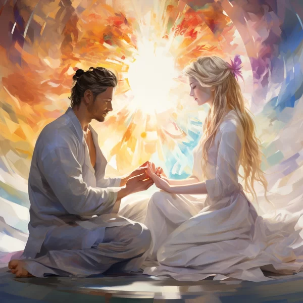 An artistic painting of a man and woman holding hands looking at each other with energy swirling around them 