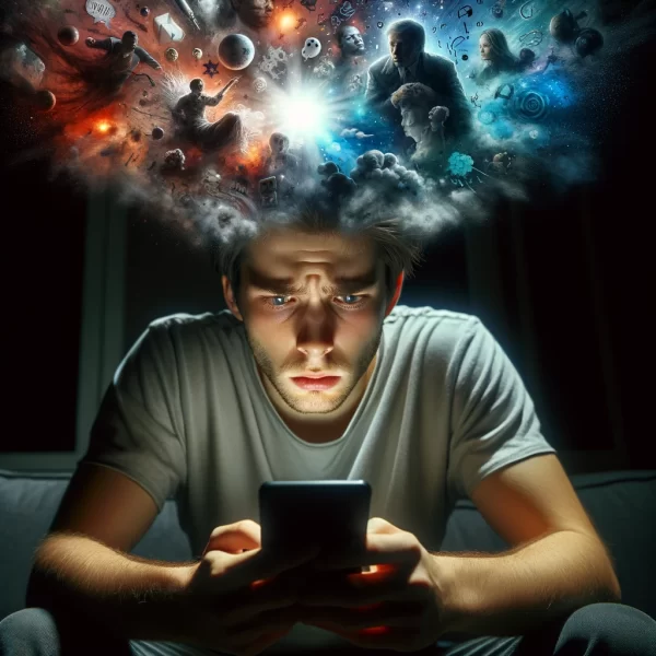 A man staring at his cell phone with a million ideas above his head. He is worried about being left on read 