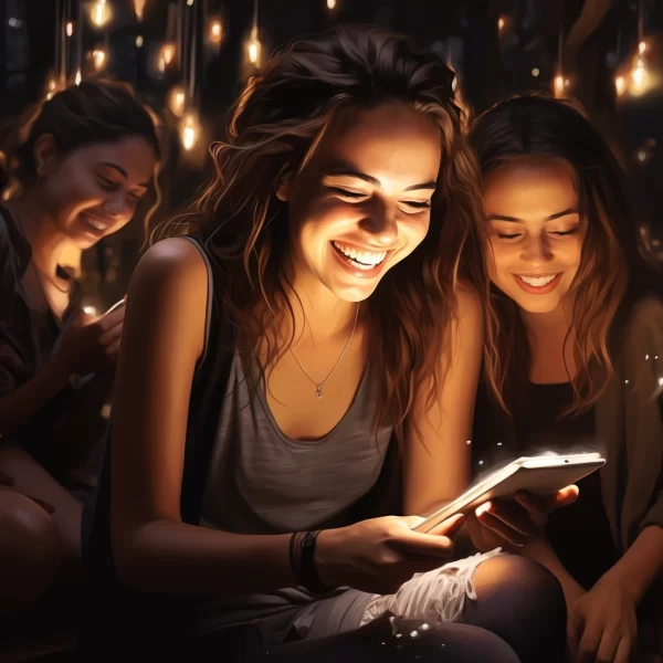 A group of women laughing at a text message. Were you left on read, or not? 