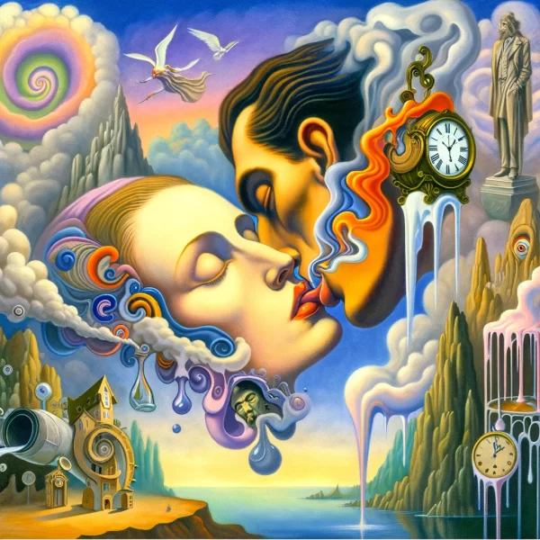 man kissing a woman salvador dali art style