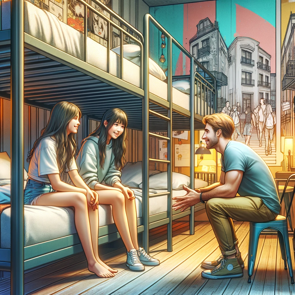 a man talking to two asian girls in a hostel 