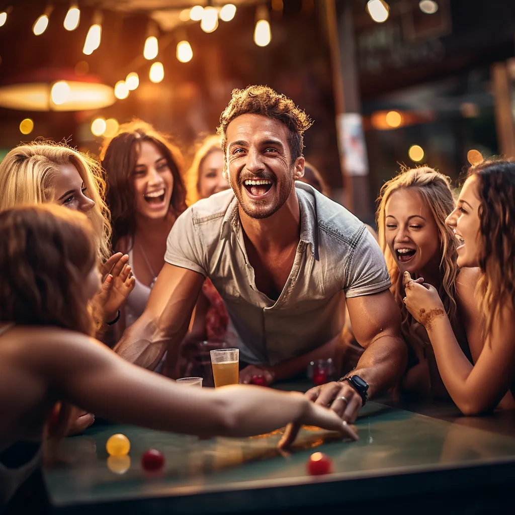 A man playing beer pong and scoring with all the girls 