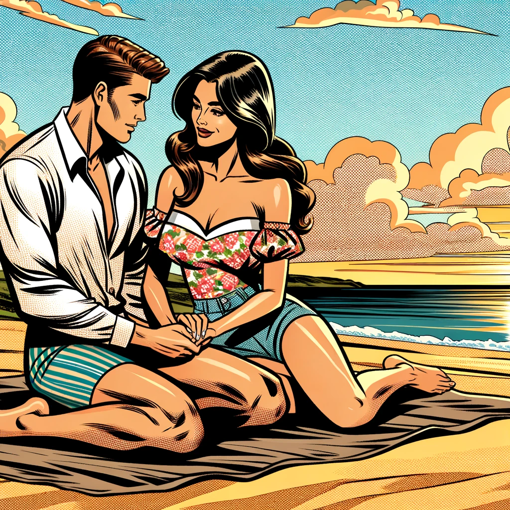 Comic book style picture of a man and woman on a date at the beach