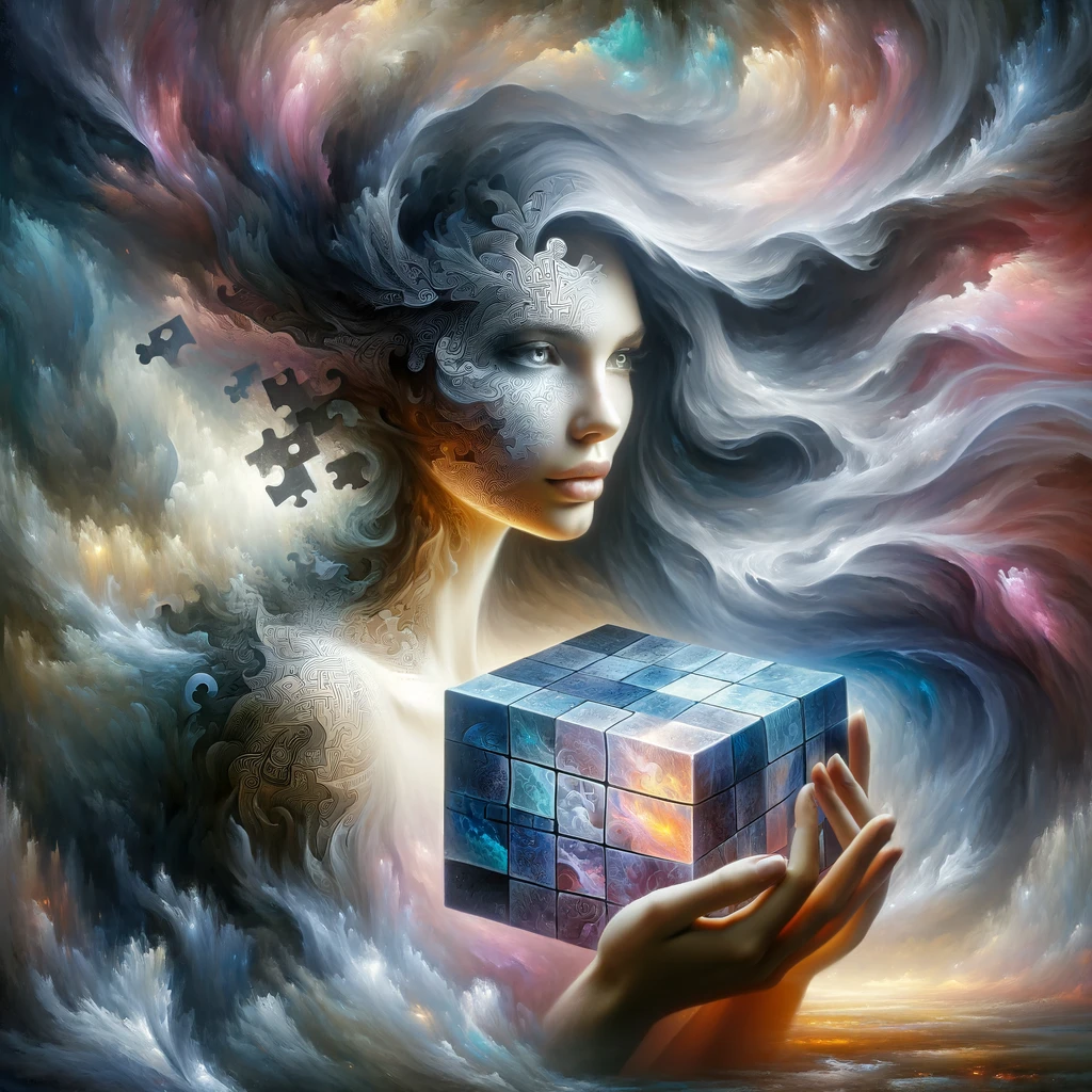 A woman as a puzzle. A mystical painting of her holding a rubiks cube