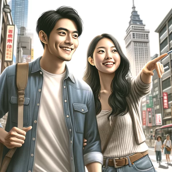 An asian man with his loving girlfriend in a city
