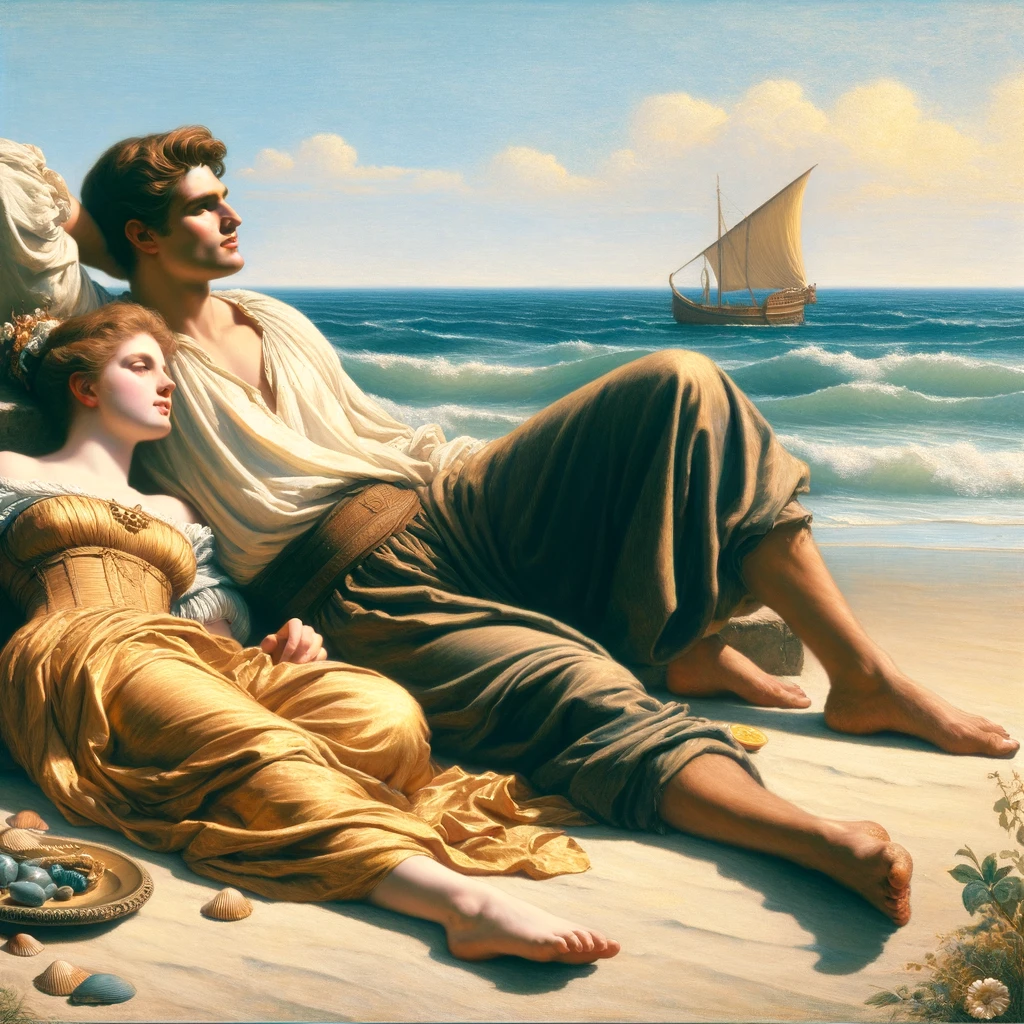a Renaissance painting of a man on a beach with a beautiful woman. 