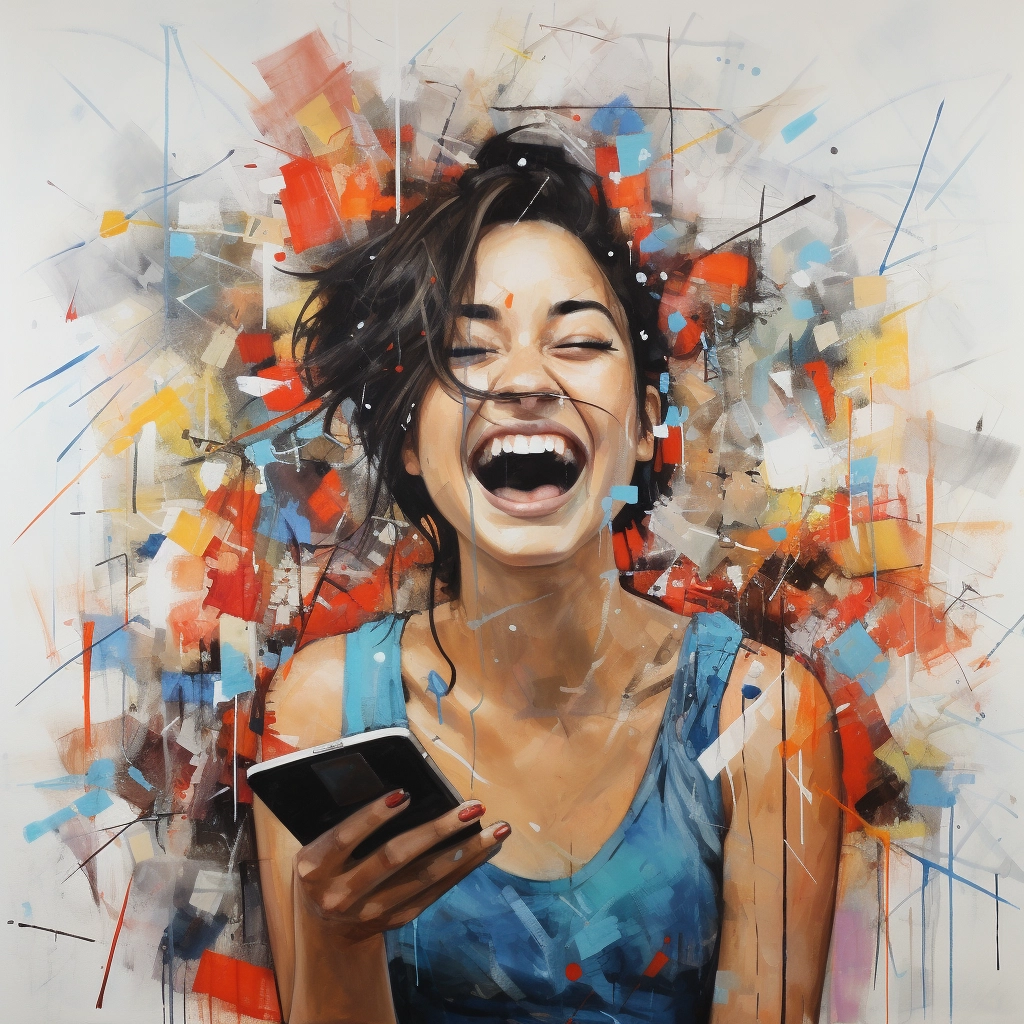 A painting of a woman texting and laughing 