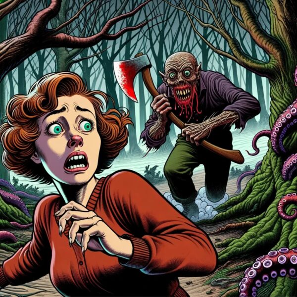 Cartoon of a woman being chased through a forest by an axe wielding cannibal