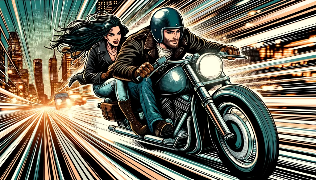 a comic drawing of a man on a motorcycle with a woman on the back of the bike. Going fast. 