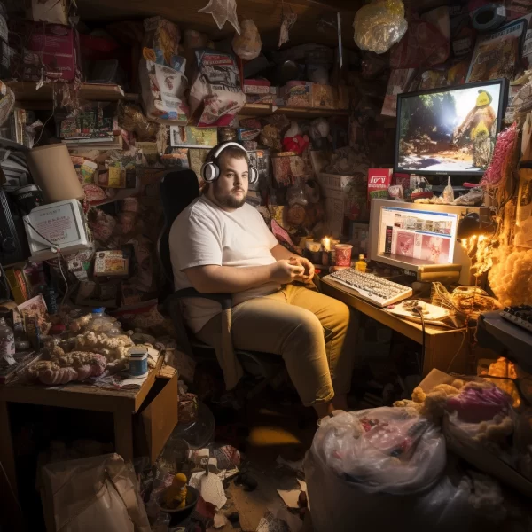 Fat man in messy room playing video games 