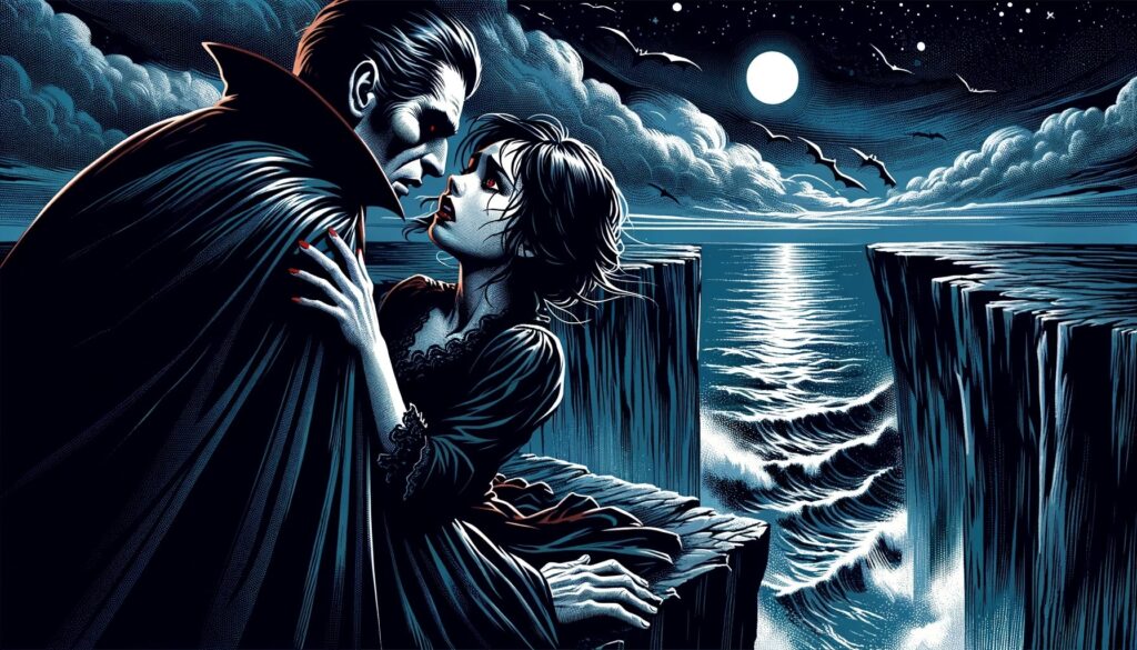 A vampire holding a woman near a cliff and ocean