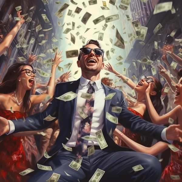A man with unlimited money falling from the sky and women dancing behind him