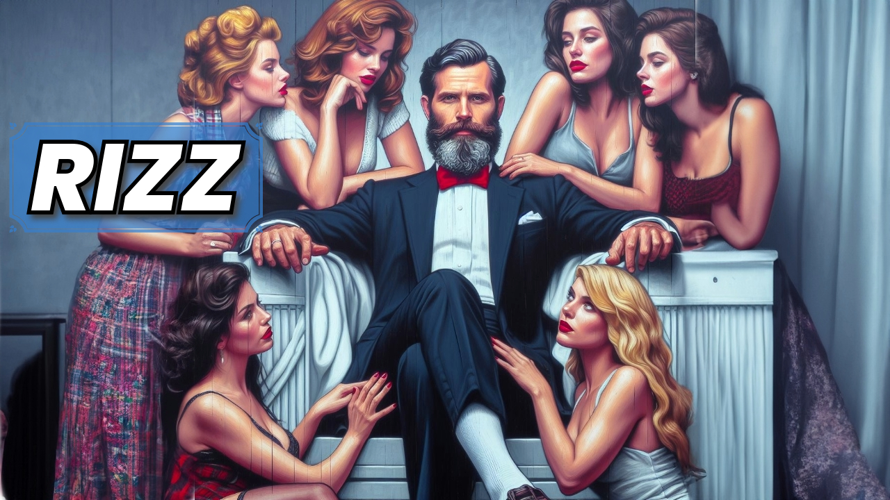 A handsome man in a suit surrounded by beautiful women. Painting.