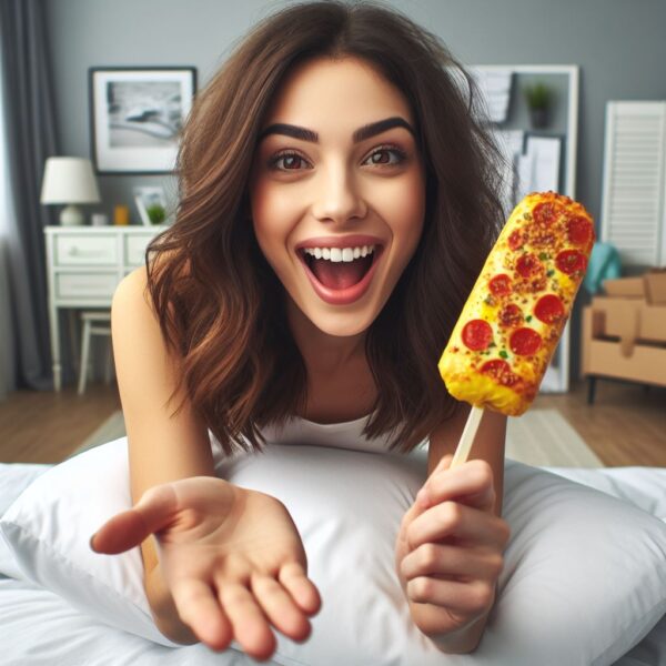 A woman in her bedroom holding a pizza pop