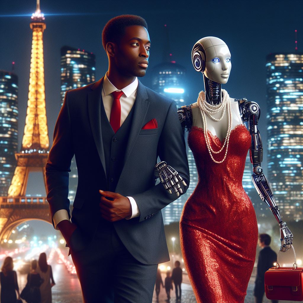 A black man in a city with his robot girlfriend 