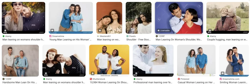 Pictures of men and women leaning physically on each other. 