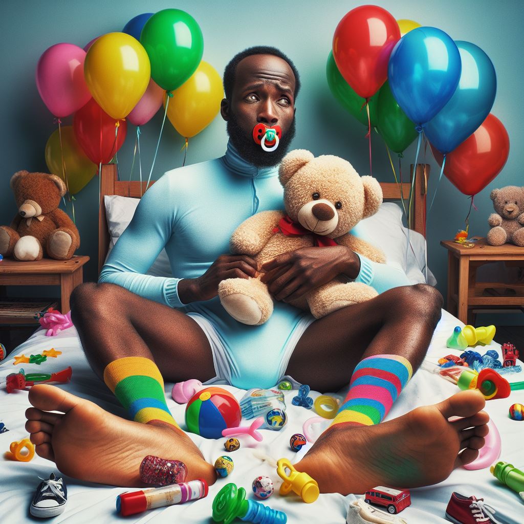 A black man dressed as a baby with a teddy bear in his kid room. 
