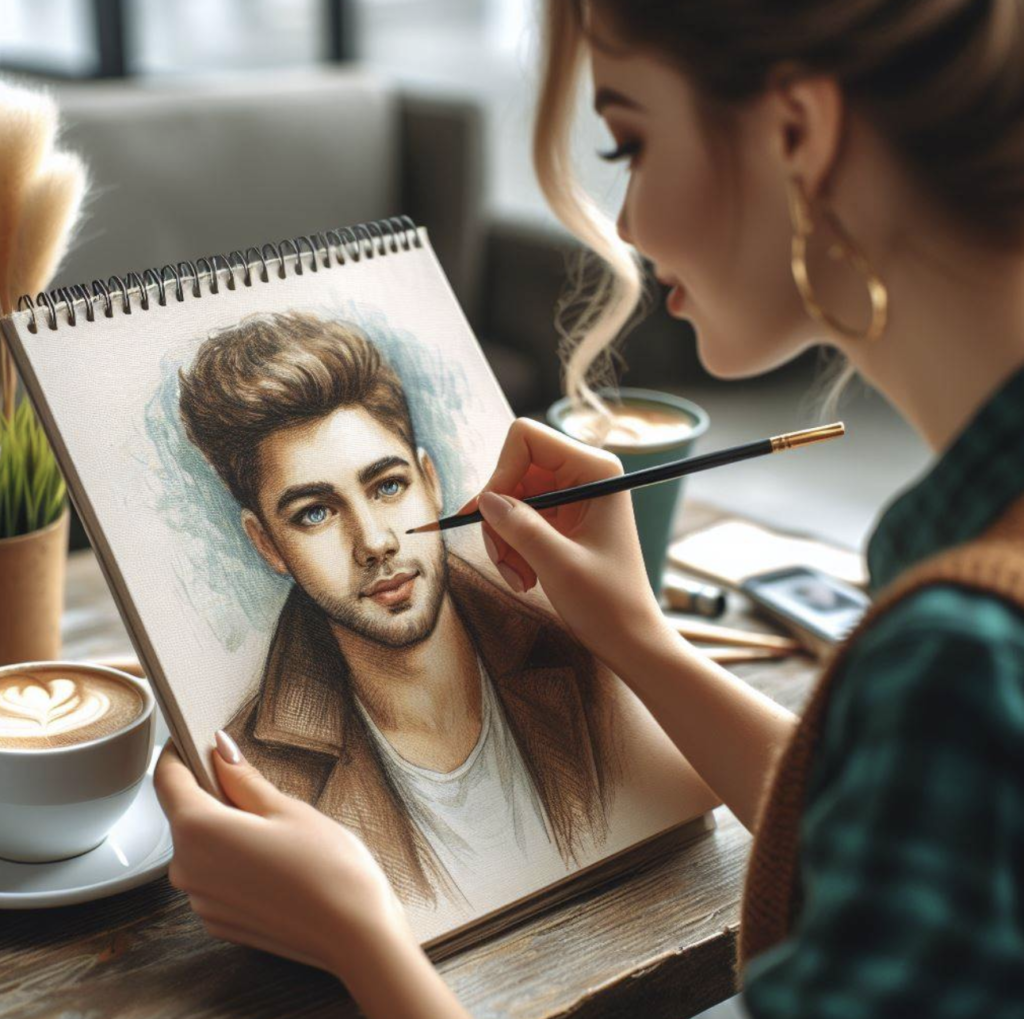 A girl painting a picture of a nice guy in a coffee shop. 