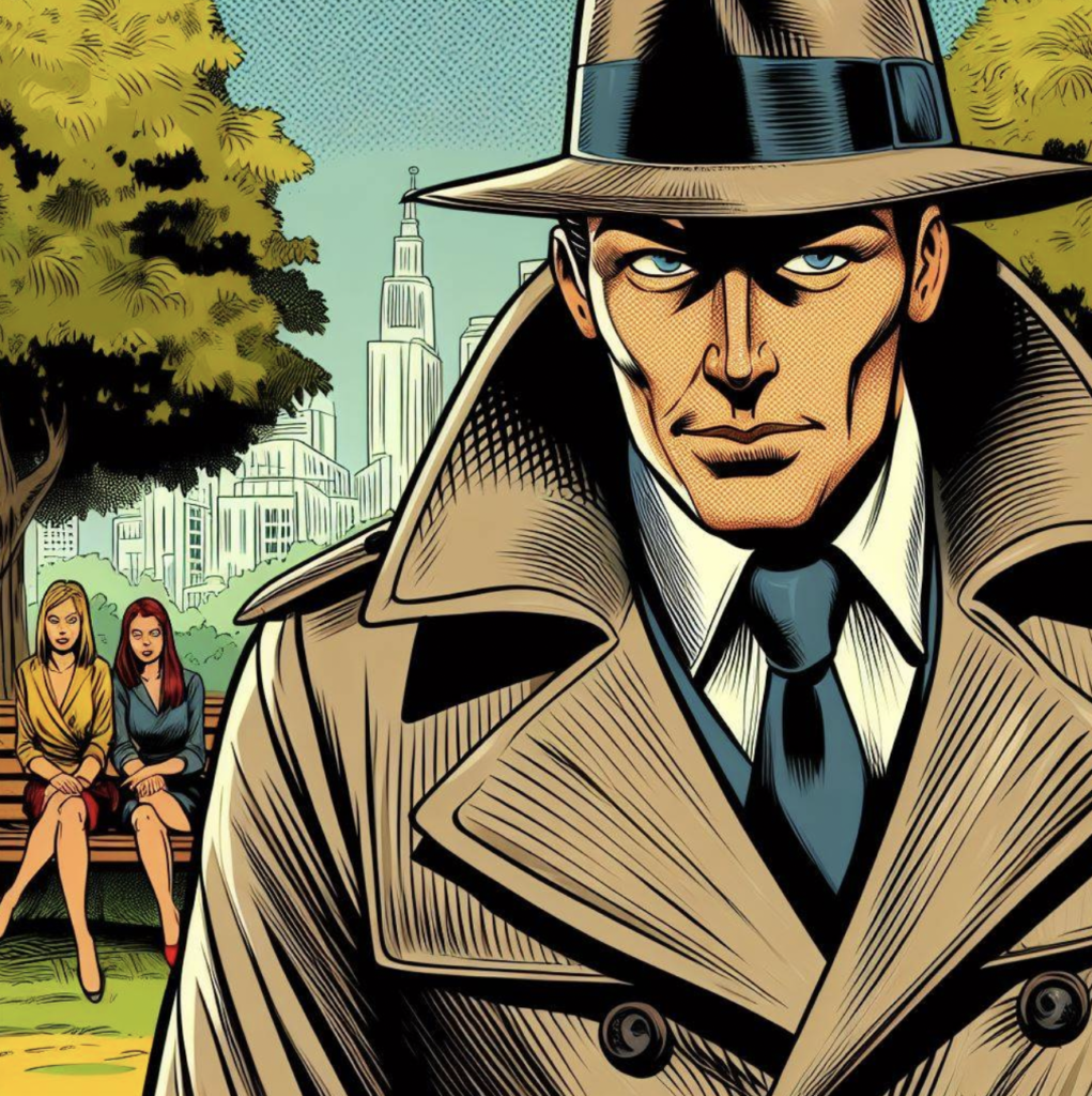 A man in a trench coat and fedora spying on women in a park. Comic book style. 