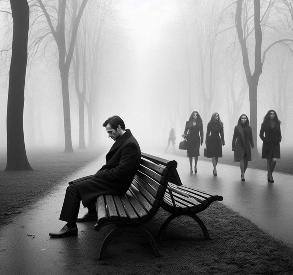 A man sitting alone in a park while women walk past him. His is unseen. 