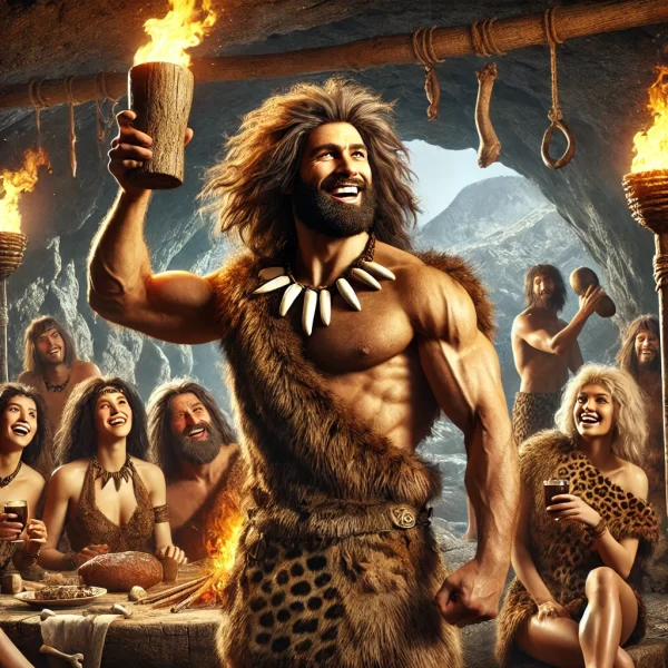 A caveman holding up a drink at a party
