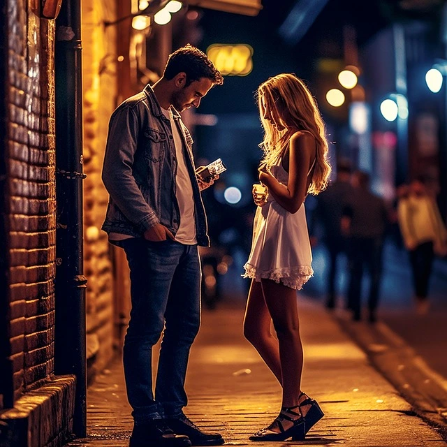 Man talking to young woman on the street at night