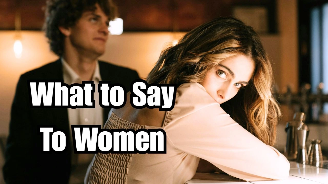 A man talking to a bored looking woman in a bar. Text says "What to say to women."